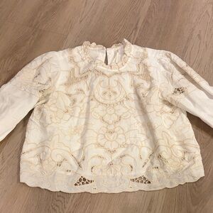 Anthropologie Embroidered White Eyelet Ruffle Neck Blouse